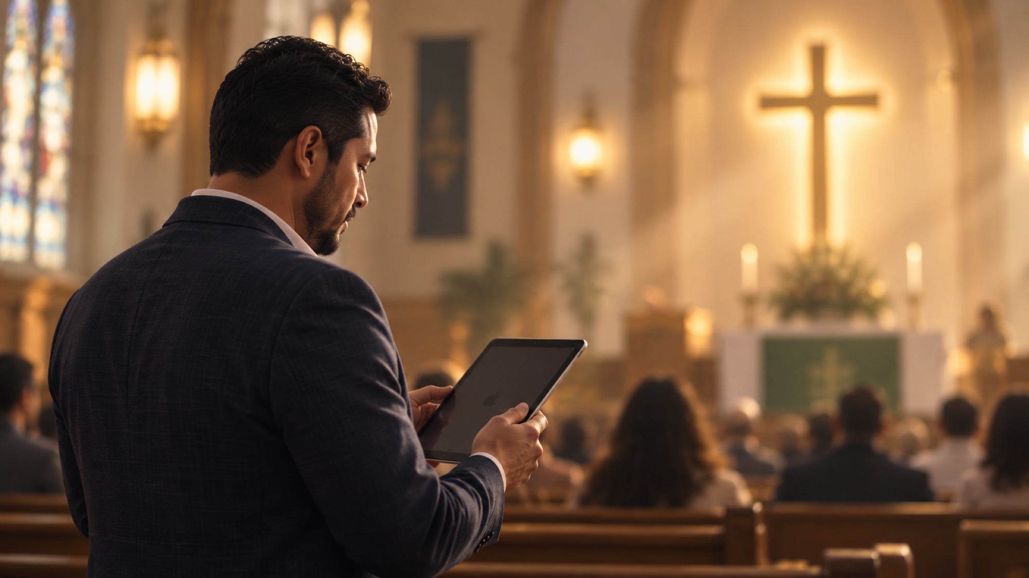 A pastor with an iPad before a congregation beneath a lit cross
