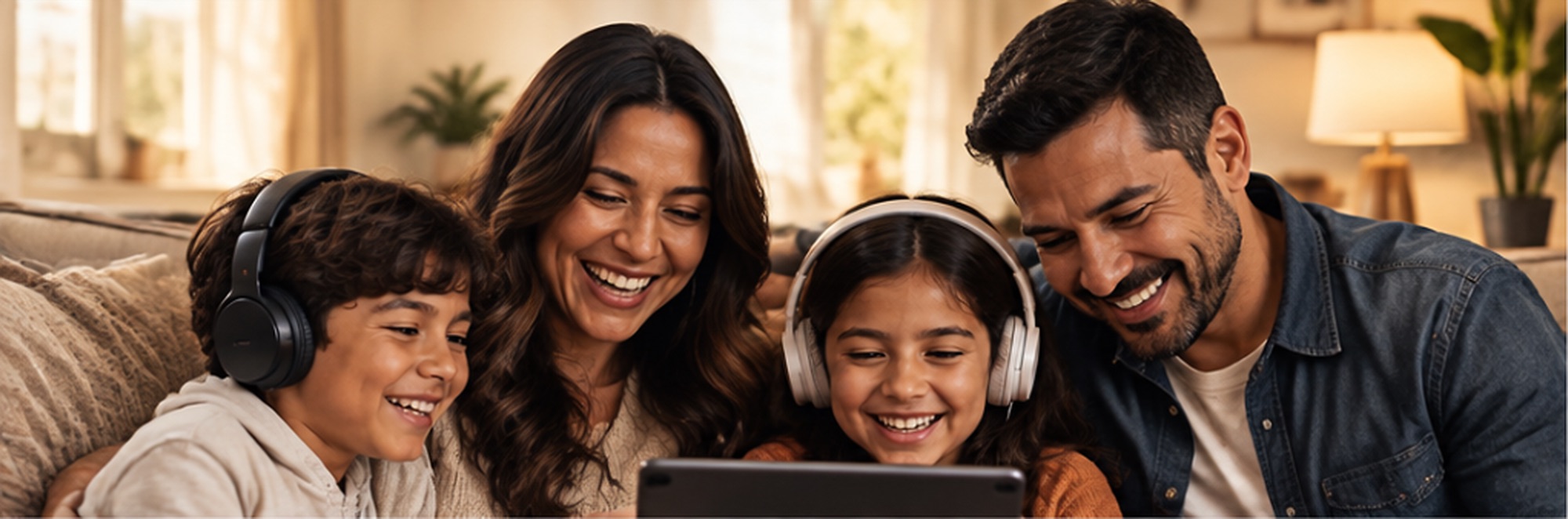 A family with two kids listening together around a tablet
